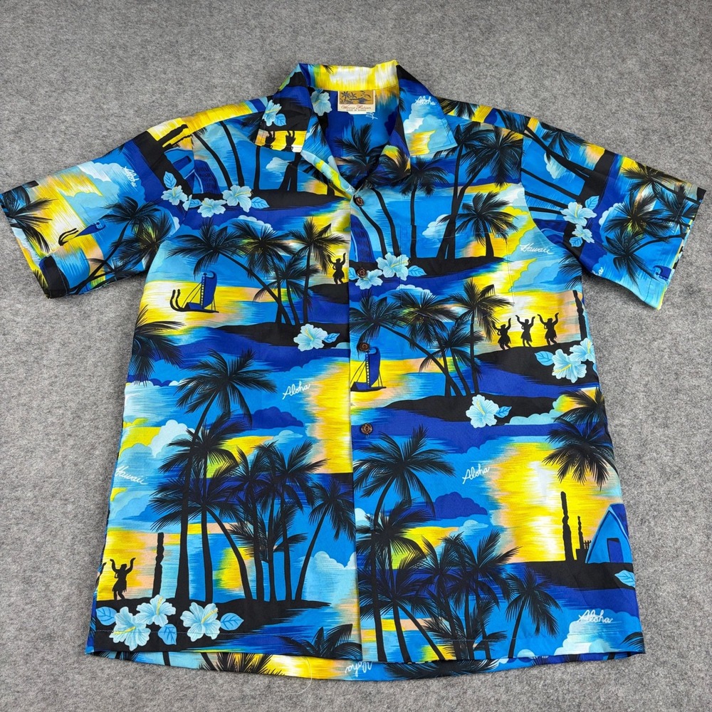 Vintage 90s Winnie Fashion Hawaiian Shirt Mens Medium Blue Tropical Sunset Aloha